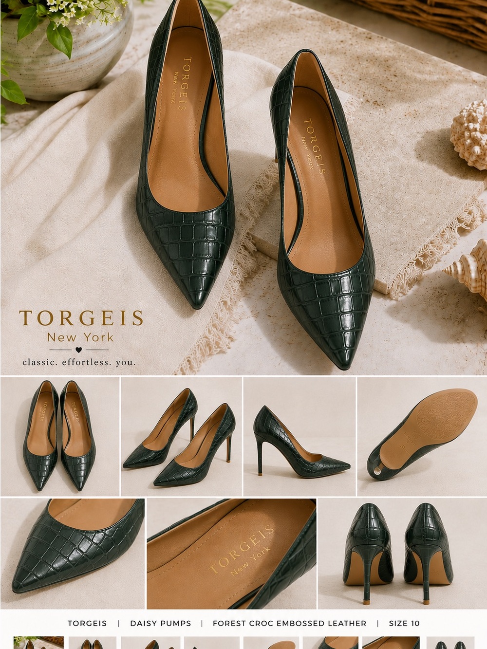 Torgeis Forest Croc Embossed Pointed-Toe Pumps in Forest Green